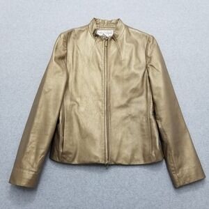 Rena Rowan Leather Jacket Womens 6‎ Bronze Gold Long Sleeve Pockets Full Zip
